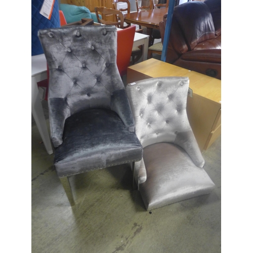 1757 - One dark and one light grey velvet upholstered and studded chairs with metal legs. One missing fitti... 