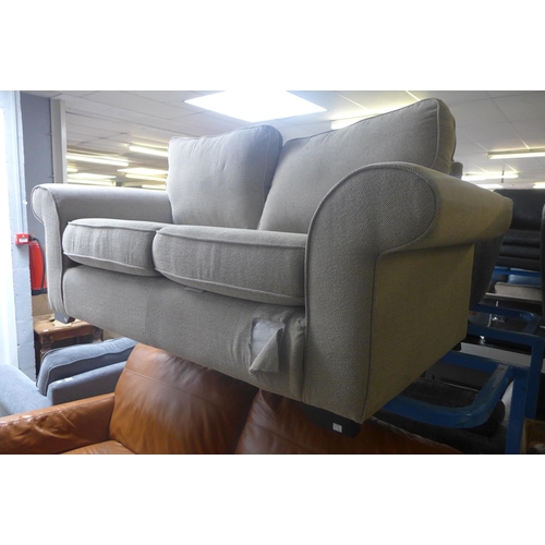 1779 - A light grey upholstered two seater sofa and a tan leather effect three seater sofa (both with damag... 