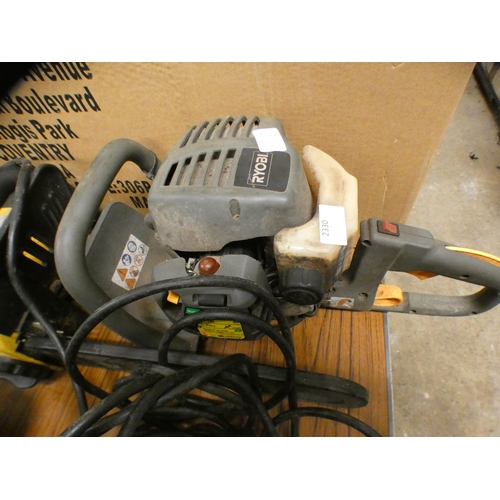 2330 - A partner stone cutting saw, Ryobi petrol hedge cutter and fdorabect electric chain saw