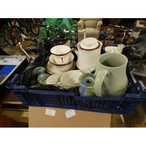 2344 - Two boxes of pots (approx 34), to include 3 dark blue Wedgwood - cups, saucers and teapots