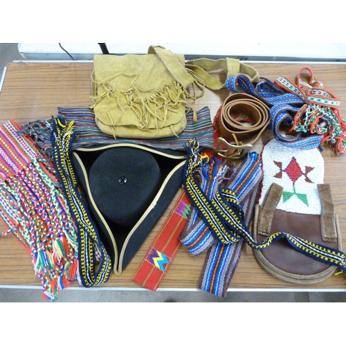 1174 - A collection of re-enactment items including Native American sashes (one sash signed Jo. Cartmale) a... 