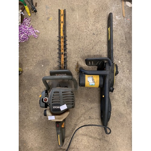 2330 - A partner stone cutting saw, Ryobi petrol hedge cutter and fdorabect electric chain saw