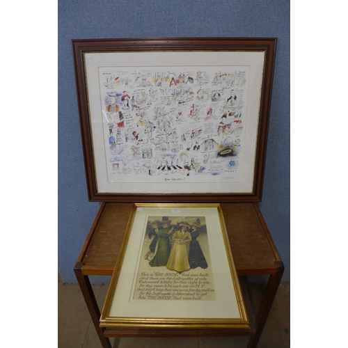 598 - A humorous How Time Flies print and a Suffragettes print, framed