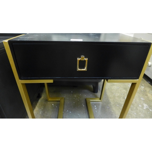 1385 - A pair of black single drawer bedside tables with gold legs