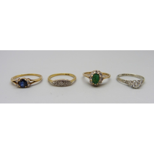 1085 - Three 18ct gold rings;- diamond set Art Deco, 1.7g, K; solitaire diamond, 1.6g, K and diamond and sa... 