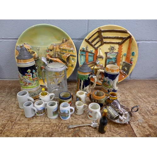 1116 - A pair of plaster chargers with cottage and seaside scenes and a box of china, tankards, etc. **PLEA... 