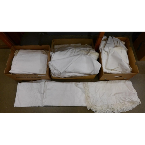 1121 - Three boxes of 19th and early 20th Century linen; table linen and bed linen, including embroidered a... 