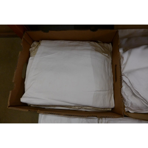 1121 - Three boxes of 19th and early 20th Century linen; table linen and bed linen, including embroidered a... 