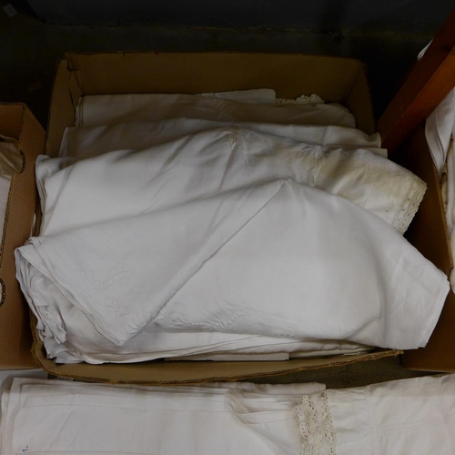 1121 - Three boxes of 19th and early 20th Century linen; table linen and bed linen, including embroidered a... 