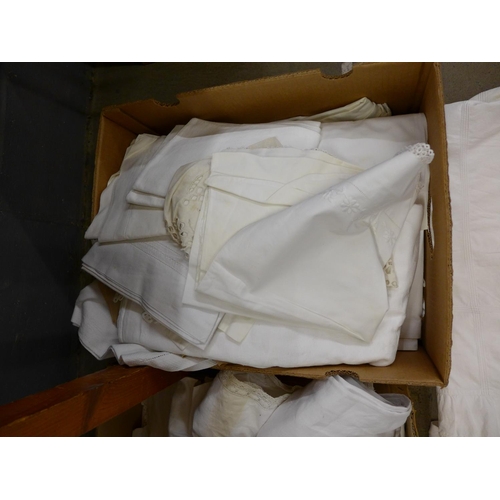 1121 - Three boxes of 19th and early 20th Century linen; table linen and bed linen, including embroidered a... 