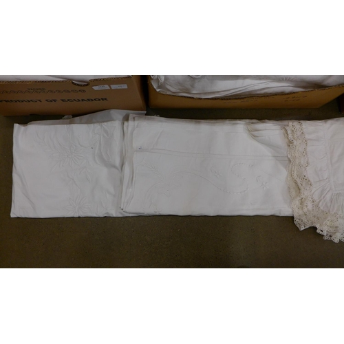 1121 - Three boxes of 19th and early 20th Century linen; table linen and bed linen, including embroidered a... 