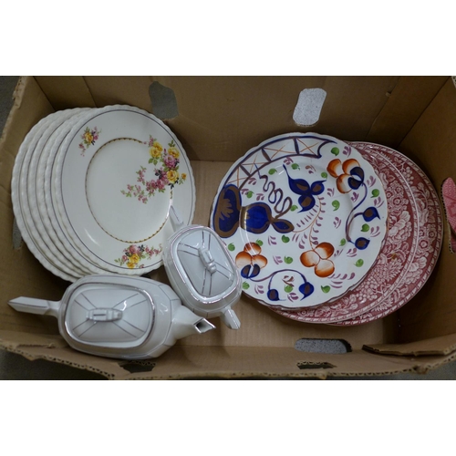 1135 - A Double Phoenix red transferware vegetable dish and cover, gaudy Welsh plates, etc. **PLEASE NOTE T... 