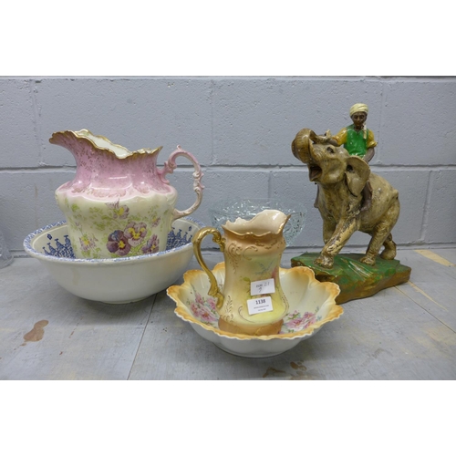 1138 - A figure of an elephant, a glass bowl, a blue and white wash bowl, etc. **PLEASE NOTE THIS LOT IS NO... 