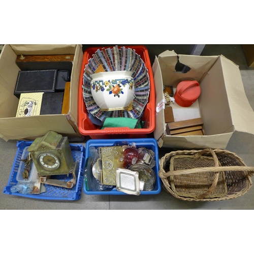 1142 - Four boxes of assorted items, large lamp shade, two wicker baskets, glass and plated items, marble c... 