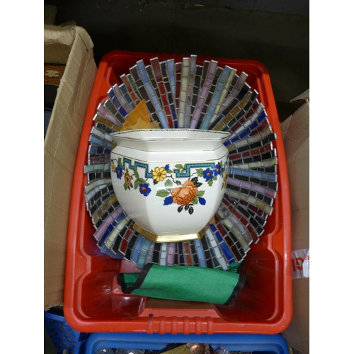 1142 - Four boxes of assorted items, large lamp shade, two wicker baskets, glass and plated items, marble c... 