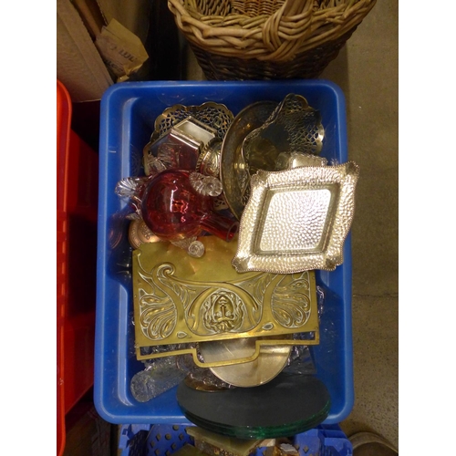 1142 - Four boxes of assorted items, large lamp shade, two wicker baskets, glass and plated items, marble c... 