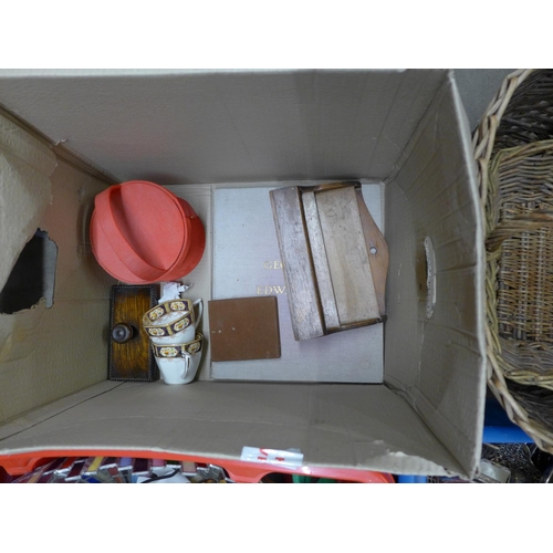 1142 - Four boxes of assorted items, large lamp shade, two wicker baskets, glass and plated items, marble c... 