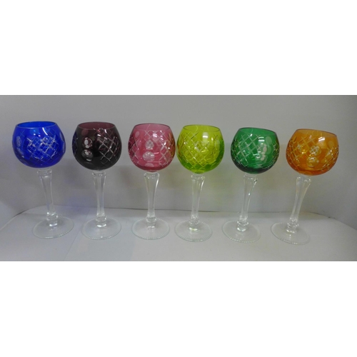 670 - Six coloured hock glasses