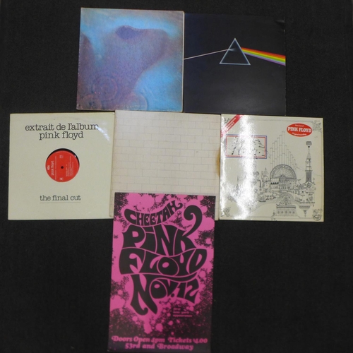 692 - Pink Floyd, five LP records including Dark Side of the Moon and a gig poster