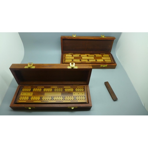 703 - Two wooden boxes, both with cribbage boards