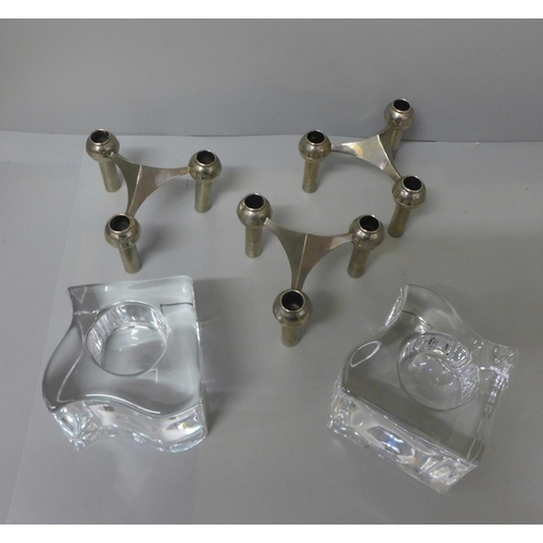 706 - Two Orrefors glass candleholders and three Nagel Swedish candlesticks