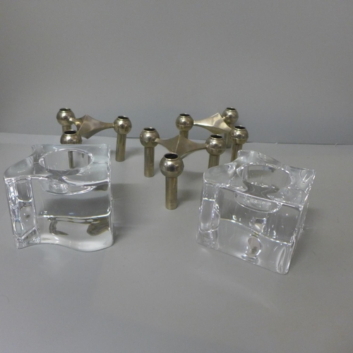 706 - Two Orrefors glass candleholders and three Nagel Swedish candlesticks