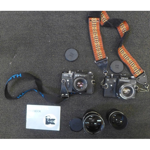 728 - Two Zenit 35mm film cameras and two additional lenses with bag