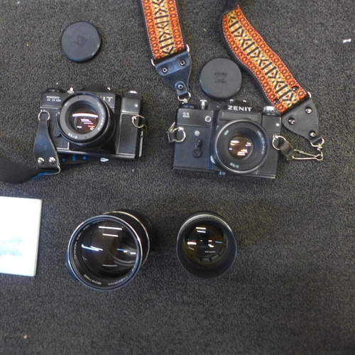 728 - Two Zenit 35mm film cameras and two additional lenses with bag