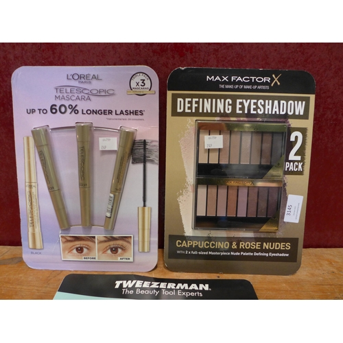 3145 - Max Factor Eyeshadow, L'Oreal Mascara 3Pk  Telescopic and Tweezerman Brow Tweezer Set (249-443,447,4... 