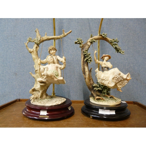 469 - A pair of continental porcelain figural table lamps