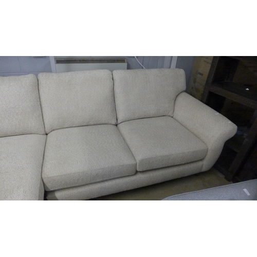 1466 - An oatmeal teddy bear fabric LHF corner sofa on hardwood legs and reversible cushions