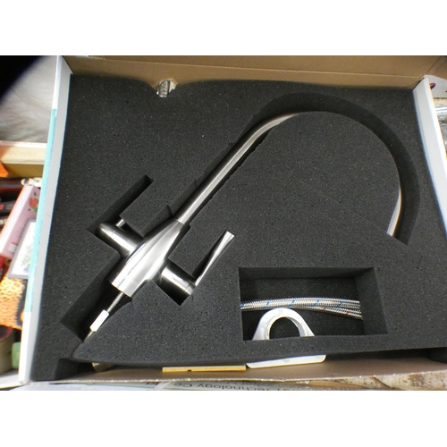 2109 - Brushed chrome kitchen tap with fittings, boxed