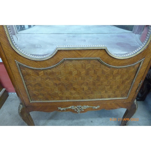 144 - A French parquetry inlaid mahogany, gilt metal mounted and ormolu topped vitrine