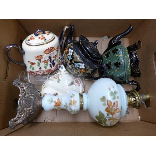 1114 - Three Victorian/Edwardian teapots and a table lamp **PLEASE NOTE THIS LOT IS NOT ELIGIBLE FOR POSTIN... 