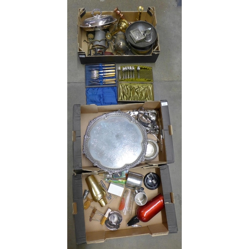 1119 - Two boxes of metalwares; silver plate, brass, copper and pewter, and a box of bar items, cocktail sh... 