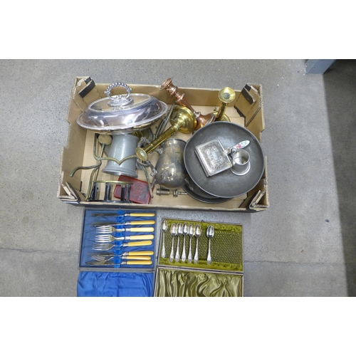 1119 - Two boxes of metalwares; silver plate, brass, copper and pewter, and a box of bar items, cocktail sh... 