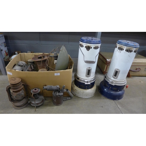 1124 - A collection of fans, lamps, burners and two large paraffin heaters **PLEASE NOTE THIS LOT IS NOT EL... 