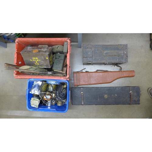 1127 - Two boxes of militaria including MRE's ammunition cases, entrenchment spades and other equipment **P... 