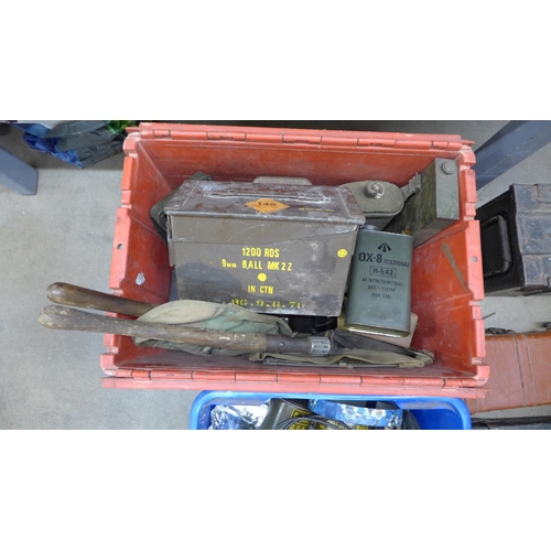 1127 - Two boxes of militaria including MRE's ammunition cases, entrenchment spades and other equipment **P... 