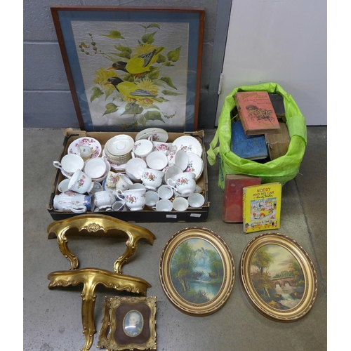 1129 - A collection of tea sets including Queen Anne, paintings, prints, etc., and a collection of books **... 