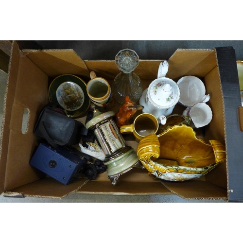 1130 - A collection of items including a Royal Albert coffee pot, cream and sugar, Majolica items, animals ... 