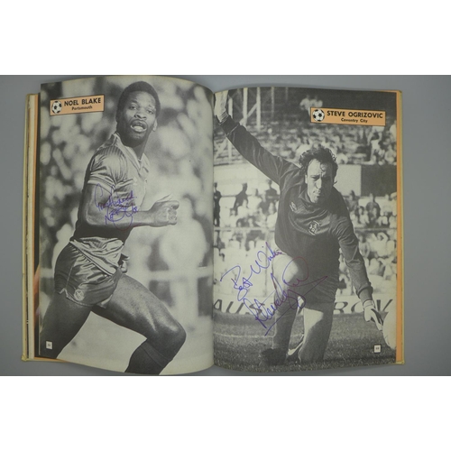 679 - A 1987 Topical Times football book containing autographs from former footballers including Steve Hod... 