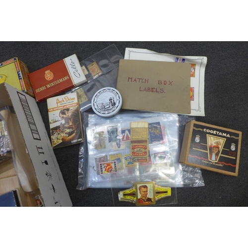 728 - A box of cigarette and cigar boxes, match boxes and labels, etc.