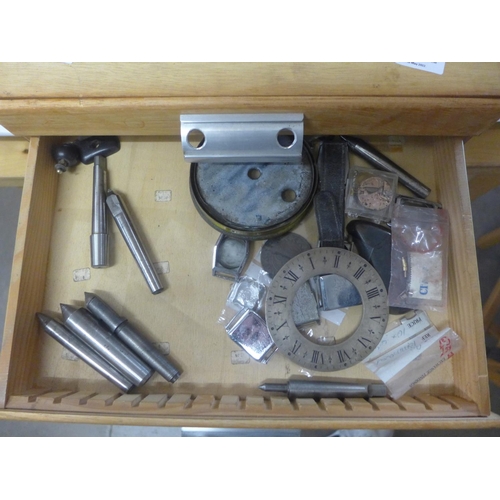 756 - Watchmakers part chest with wristwatches, clock and watch parts