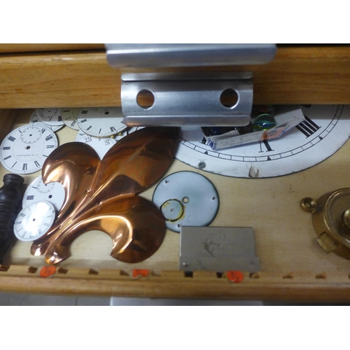 756 - Watchmakers part chest with wristwatches, clock and watch parts