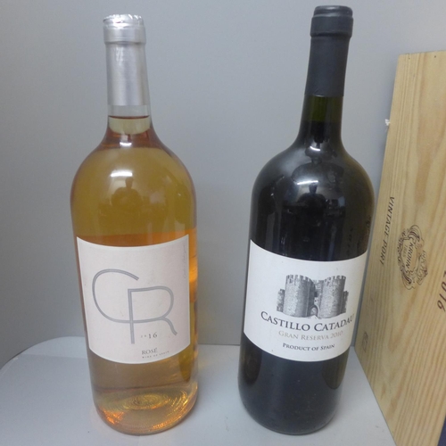 815 - Two red and rose wine magnums and wooden part box