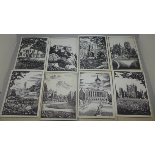 835 - A collection of eight scraperboard pictures of Nottingham landmarks, circa 1950's, including St. Mar... 