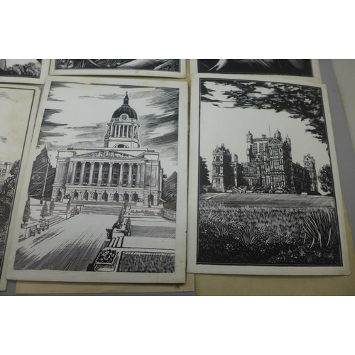 835 - A collection of eight scraperboard pictures of Nottingham landmarks, circa 1950's, including St. Mar... 