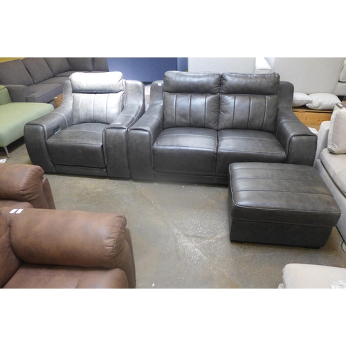 1563 - New York graphite leather two seater, armchair and footstool