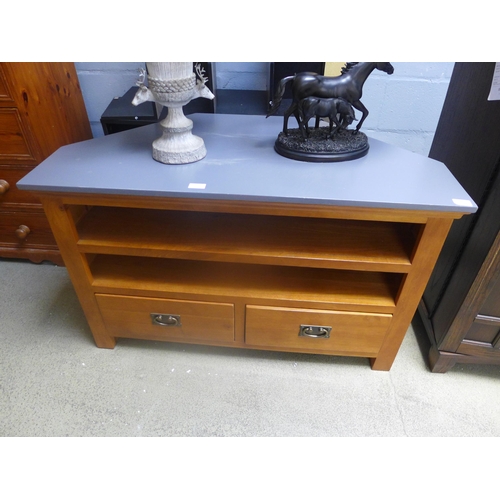 1642 - A dark oak and grey painted two drawer corner TV unit